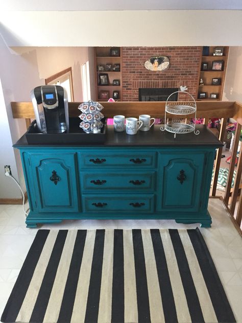 Coffee bar! A chalk painted, refinished buffet. Love the teal.  #vintagerenewed Turquoise Coffee Bar, Teal Coffee Bar, Buffet Coffee Bar, Refinished Buffet, Chalk Paint Buffet, Coffee Bar Hutch, Bar Hutch, Teal Dresser, Armoire Bar