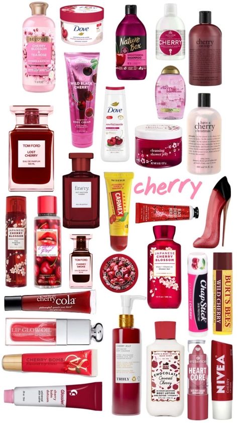 Cherry Hair Products, Cherry Beauty Products, Cherry Products Aesthetic, Cherry Scented Shower Routine, Cherry Shower Routine, Cherry Scent Combo, Cherry Smell Products, Cherry Body Care, Cherry Scented Products