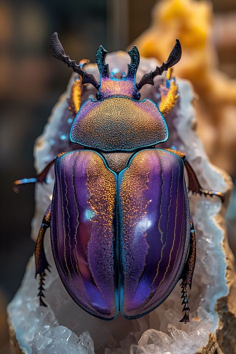 Vibrant Jewel Beetle on Crystal: Nature's Artistry Beautiful Insects Photography, Pretty Bugs Insects, Rhinosaurus Beetle, Rare Animals Unique, Colourful Beetle, Beetle Photography, Jeweled Bugs, Beetle Aesthetic, Colorful Beetles