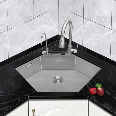 Creative Stainless Steel Kitchen Sinks Light Luxury Corner Washbasin Designer Kitchen Hexagonal Sink Under-counter Embedded Sink - Kitchen Sinks - AliExpress Corner Kitchen Sink Ideas Counter Space, Kitchen Washbasin Ideas, Kitchen Sink In Corner Without Windows, Corner Sinks Kitchen, Kitchen Design With Corner Sink, Small Kitchen With Corner Sink, Kitchen Wash Basin Ideas, Corner Sink Kitchen Layout, Kitchen With Corner Sink