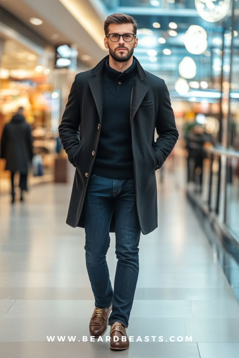 Looking stylish over 40 is all about choosing classic, versatile pieces that blend sophistication with comfort. This sleek look showcases a tailored dark coat paired with a cozy turtleneck sweater, slim-fit jeans, and polished leather shoes—perfect for casual or semi-formal winter outings. The neutral color palette ensures an elegant appearance while keeping it modern. Elevate your wardrobe with timeless staples like these for an effortlessly sharp look. Men’s Winter Business Fashion, Gentleman Winter Style, Classic Winter Outfits For Men, Pea Coat Men Outfits Casual, Winter Coat Outfits Men, Men Winter Formal Outfit, Winter Office Outfit Men, Mens Peacoat Outfit Casual Street Styles, Handsome Men Outfits Casual