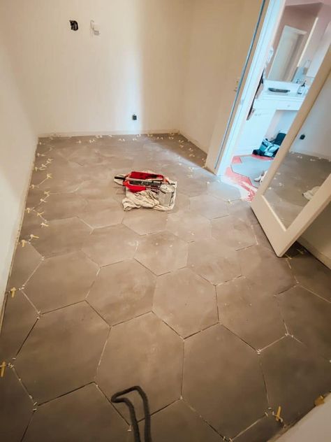 Tile Closet Floor, Tile In Closet, Master Closet Tile Floor, Closet Flooring Ideas, Walk In Closet And Bathroom Combo, Closet Flooring, Closet And Bathroom Combo, Walk In Closet Diy, Master Closet Renovation