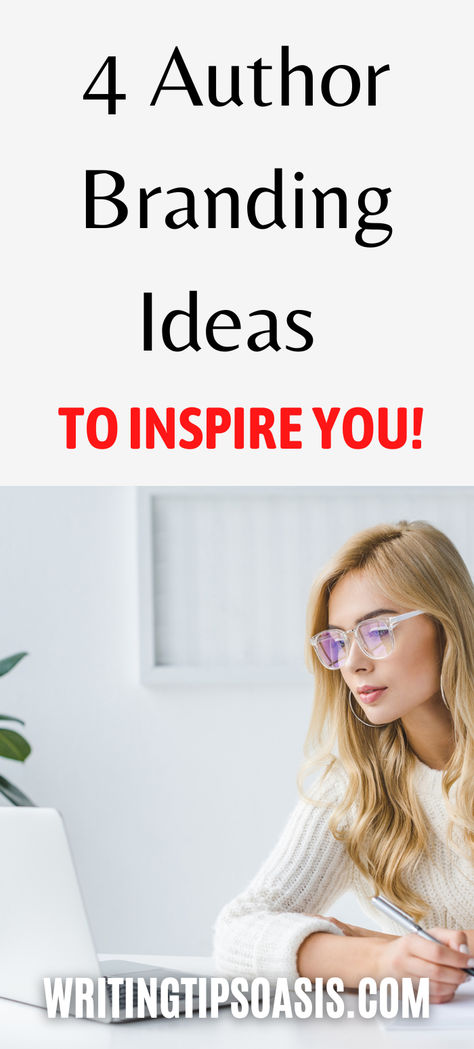 woman at laptop and a title of the pin which is 4 author branding ideas