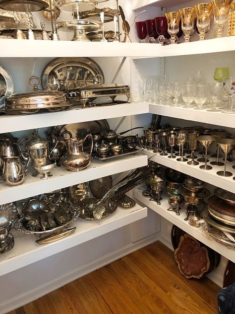 From Disaster to Dream Closet China Closet Display, Dish Pantry Organization, Kitchen Expansion Into Dining Room, Dish Storage Ideas, Hosting Closet, Plate Closet, Entertaining Closet, Dish Closet, Silver Closet