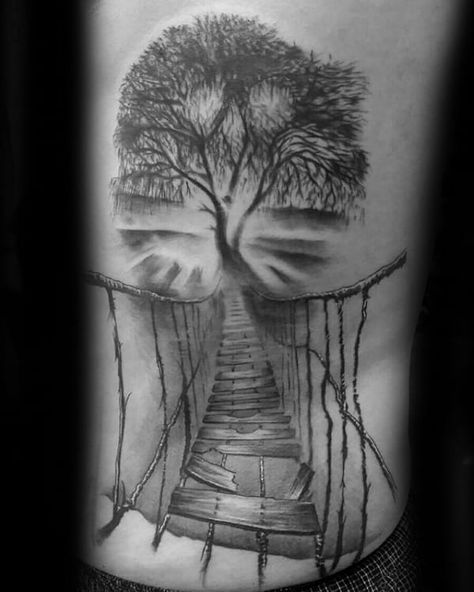 Rib Cage Side Mens Rope Bridge Tree Tattoos Staircase Tattoo Design, Bridge Tattoo Ideas, Climber Tattoo, Stairway Tattoo, Side Tattoos For Men, Gizmo Tattoo, Staircase Tattoo, Mens Side Tattoos, Wrap Around Ankle Tattoos