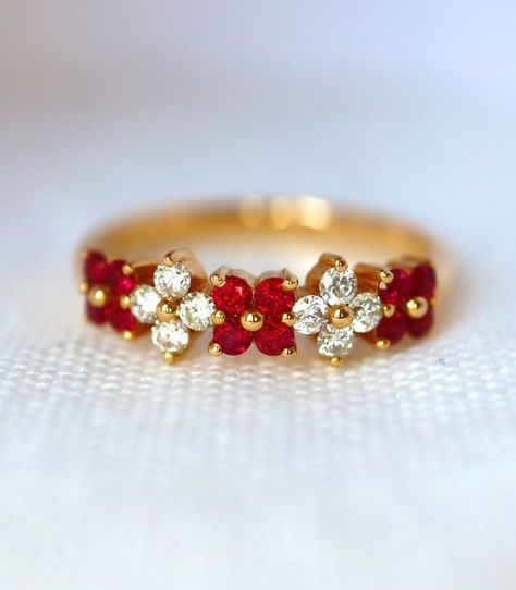 Ruby and Diamond Flower Band With Pigeon Blood Red Ruby Band Ruby Wedding Band Ruby Gift Idea. Made to Order - Etsy Ruby Ring Designs, Birthstone Band, Ruby Wedding Band, Spinel Jewelry, Ruby Bands, Ruby Wedding, Flower Band, Gold Rings Fashion, Ruby Jewelry