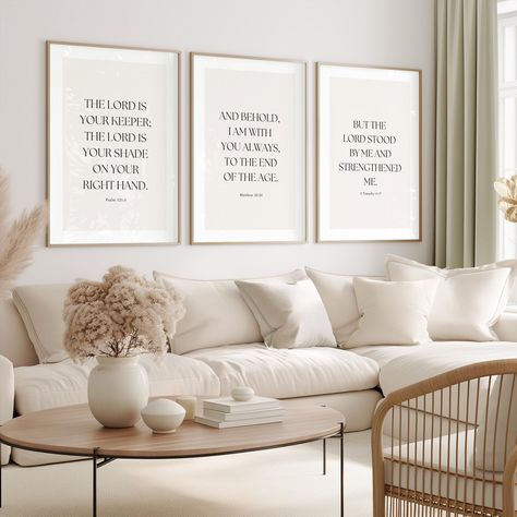 Adorn your space with our Neutral Christian Wall Art Set of 3! Featuring beautifully designed inspirational Bible verse typography, these prints add a touch of faith and serenity to any room. Perfect for modern, minimalist décor, they are daily reminders of hope and love. This set makes a thoughtful gift for birthdays, housewarmings, or any occasion. Elevate your walls while spreading positivity--embrace your faith in style! Ordering is simple: 1. Place your order. 2. Once confirmed, you'll rece Christian Wall Decor Ideas Bedroom, Bible Verse Typography, Inspirational Bible Verse, Scripture Art Print, Bible Verse Posters, Spreading Positivity, Christian Home Decor, Christian Home, Daily Reminders