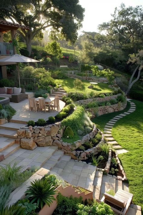 https://youtu.be/OeFdTD7Udmc Landscape Ideas For Slopes, Garden Exterior Design, Terraced Front Yard, Sloping Garden Ideas, Best Garden Design, Sloped Backyard Landscaping, Sloped Backyard, Landscaping Retaining Walls, Garden Stairs