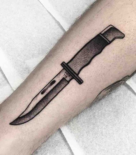 The Best Knife Tattoos Hunting Knife Tattoo, Traditional Knife Tattoo, Knife Tattoo Ideas, Tattoo Ideas Easy, Knife Tattoos, Knife Tattoo, Tattoo Inspiration Men, Traditional Tattoo Art, Halloween Tattoos