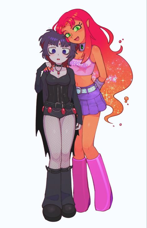 Blackfire And Raven, Starfire Casual Outfit, Teen Titans Matching Pfp 4 People, Raven Fanart Teen Titans, Black Fire Fanart, Starfire And Raven Matching Outfits, Raven X Star Fanart, Starfire X Raven Ship, Teen Titans Star Fair