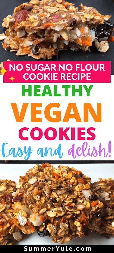 These no sugar no flour cookies are so healthy, you could eat them for breakfast! These banana-bound cookies have no oil, no flour, no butter, and no sugar added. They’re packed with fruits and vegetables, making them the perfect whole food plant based cookie option! You’ll love these healthy vegan cookies with delicious chocolate, hazelnut, and cherry flavors. They’re a great alternative to sugary cereals that will make breakfast feel like dessert! Healthy Cookies No Flour No Sugar, No Sugar Vegan Recipes, Flourless Sugarless Cookies, No Sugar No Flour Oatmeal Cookies, Plant Based Desserts No Sugar, No Sugar No Flour Cookies, No Flour No Sugar Recipes, Healthy Cookies No Sugar No Flour, Desserts Without Flour