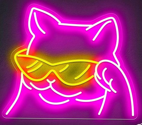 "Size: 14\" X 12\" inches  Cool Cat Radiance Fun Pink LED Night Light with Sunglasses for Wall Decoration! Bring a splash of feline charm to your space with the Cool Cat Radiance LED Night Light, a burst of vivid pink and playful vibes! Perfect for creating a trendy and lively atmosphere, this fun light adds a touch of cool cat magic to your walls. Cool Cat Illumination:    - Infuse your space with the playful spirit of a cool cat with sunglasses.    - The fun pink Cool Cat with Sunglasses desig Cat Neon Sign, Neon Room Decor, Light For Room, Cat With Glasses, Bilik Permainan, Neon Lights Bedroom, Neon Cat, Cat Light, Smiling Cat