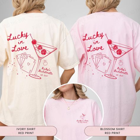 Get ready to roll the dice with our Lucky in Love Bachelorette T-Shirts, the perfect attire for your Vegas adventure. Our Lucky in Love Bachelorette Vegas Custom Shirt is designed for the Vegas bride and her crew! ITEM DETAILS COMFORT COLORS 1717 SHORT SLEEVE T-SHIRT ✨Unisex, relaxed fit ✨100% ring-spun cotton, pre-shrunk fabric ✨Double needle stitching, no side seams! ✨Garment dyed fabric for a richer color and softer, lived-in feel **NOTE: slight shade variations are natural to the garment dye Las Vegas Bachelorette Shirts, Lucky In Love Bachelorette, Lucky In Love Bachelorette Party, Vegas Bachelorette Shirts, Bachelorette Vibes, Bachelorette T Shirts, Bachelorette Merch, Bachelorette Vegas, Vegas Bride