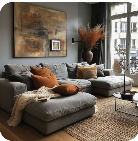 Living Room Inspiration With Grey Sectional, Dark Gray And Tan Living Room, Grey Couch Dark Wood Furniture, Living Room Color Schemes Grey Couch, Living Room Gray Floor Color Schemes, Industrial Living Room Grey Couch, Gray And Brown Living Room Ideas Cozy, Grey Couch Apartment Living Room Ideas, Accent Colors For Grey Living Room