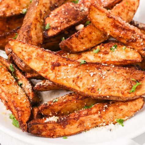 Air Fryer Potato Wedges | Two Plaid Aprons Air Fried Potato Wedges, Garlic Parmesan Potato Wedges Air Fryer, Real Potato Fries In Air Fryer, Homemade Jojos Potato Wedges Air Fryer, Potato Wedge Fries Oven, Marinated Wings, Korean Fried Chicken Recipe, Seasoned Potato Wedges, Chicken Batter