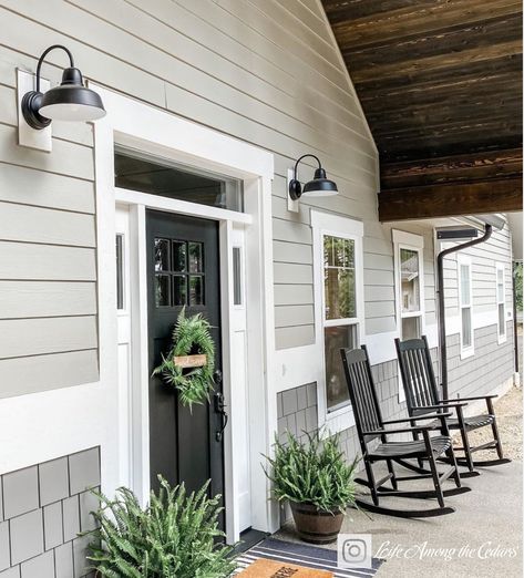 Top Sherwin Williams Paint - Jennifer Decorates Light Grey House White Trim, Top Sherwin Williams Paint Colors, Light Gray House Exterior, Light Grey House, Exterior Paint Sherwin Williams, Door Planters, Sherwin Williams Exterior Paint Colors, Green Bushes, Front Door Plants