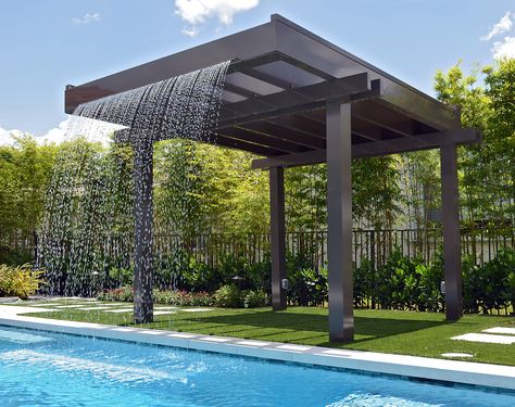 Pergola With Water Feature, Swimming Pool Waterfall Ideas, Rain Curtain Water Feature Pool, Pergola Waterfall, Tall Pergola, Pergola Over Pool, Poolside Pergola, Ideas De Piscina, Swimming Pool Waterfall