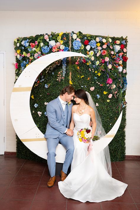 Moon Wedding Theme, Photo Booth Setup, Boxwood Backdrop, Colorful Picnic, Whimsical Celestial, The Moon And The Sun, Moon And The Sun, Celestial Stars, Wedding Venue Los Angeles