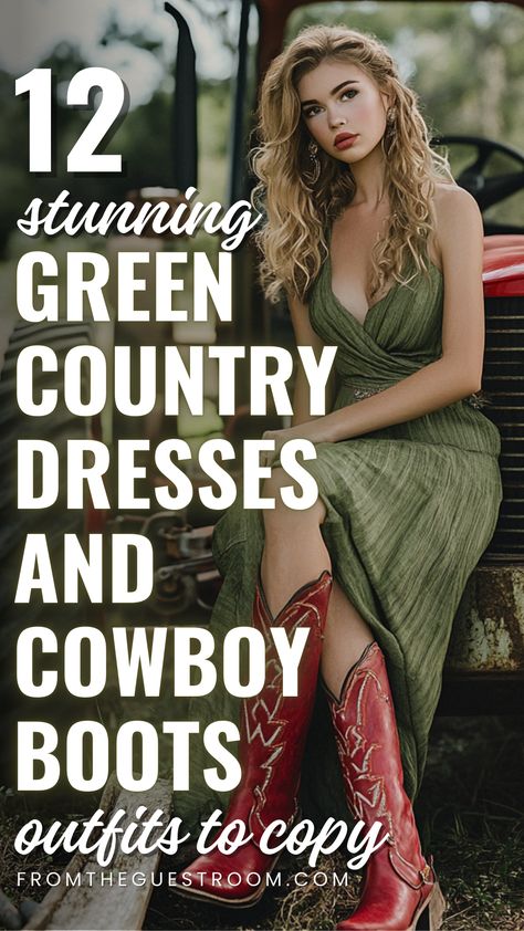 a woman wears green country dress and cowboy boots, western outfits Wedding Guest Dress And Cowboy Boots, How To Dress Country, Dress To Wear With Cowboy Boots, Denim Dress And Cowboy Boots Outfit, Green Dress With Cowboy Boots, How To Wear Cowboy Boots Women Over 50, Black Cowboy Boots Outfit Fall, How To Style Cowboy Boots, How To Style Cowboy Boots Women