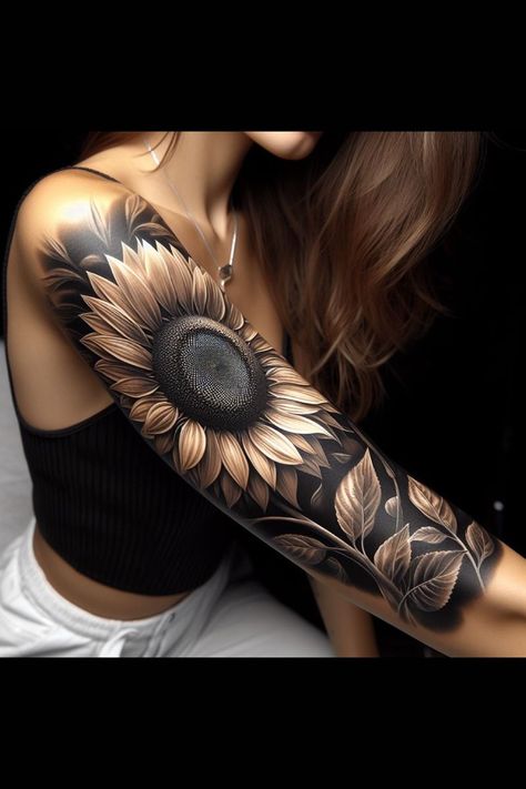 Jungle Tattoos For Women, Watercolor Tattoo Back, Arm Tattoos For Women Sunflower, Tattoo Sleeve Women Sunflower, Sleeves For Women, Daisy Tattoo Sleeve Shoulder, Unique Women’s Tattoos, Top Of Leg Tattoos For Women, Woman Rib Tattoo