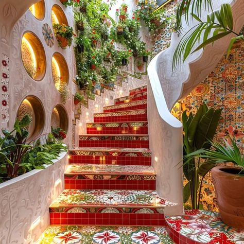 Encanto Aesthetic, Floral House, Mediterranean Staircase, Mexican Style Homes, Mexican Style Decor, Hacienda Homes, Hacienda Style Homes, Mexican Home, Dream Life House