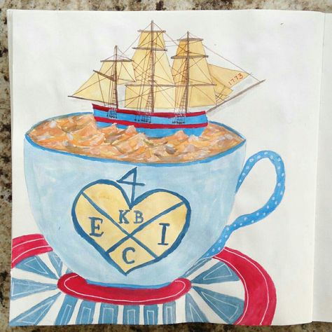 Boston Tea Party for MATS Bootcamp 2018 by Terri Fisher. #makeartthatsells Boston Tea Party Drawings, History Art Projects, Gouache Drawing, Inspirational Watercolor, Illustration Example, Boston Tea Party, Lilla Rogers, Boston Tea, Smiling Cat