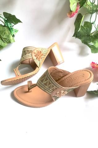 Shop for Sole House Beige Leather Embroidered Kolhapuri Block Heels Online at Aza Fashions Bridal Sandals Heels, Indian Sandals, Fancy Sandals, Indian Shoes, Ladies Shoe, Rose Corsage, Womens Footwear, Footwear Fashion, Footwear Design