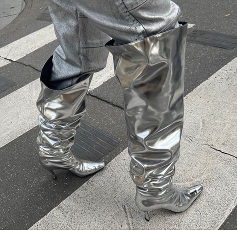 Silver Boots, Camp Style, Thigh Boots, Silver Party, Western Boot, Aesthetic Colors, Detail Art, Streetwear Men Outfits, Night Aesthetic