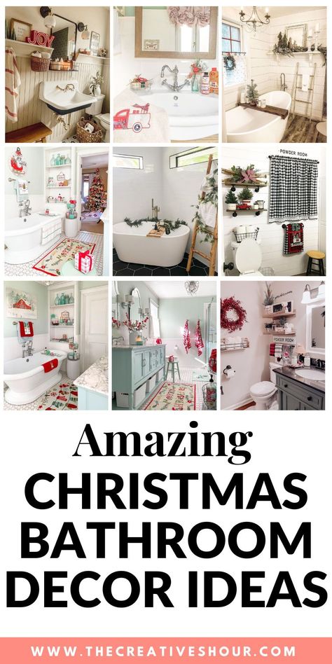 Transform your small bathroom into a rustic winter wonderland with these DIY Christmas bathroom decor ideas. From modern and neutral tones to farmhouse charm, discover creative ways to infuse the holiday spirit. Explore green and black accents, charming shower curtains, and even festive touches for the kids' bathroom. Sprinkle a dash of pink or keep it simple and elegant – there's a decor idea for every style. Elevate your small space with these easy and affordable Christmas bathroom decor tips. Small Bathroom Christmas Decor Ideas Simple, Winter Wonderland Bathroom, Winter Wonderland Bathroom Decor, Simple Bathroom Christmas Decor, Christmas Decorated Bathrooms, Bathroom Decor For Christmas, Pink Christmas Bathroom Decor, Holiday Bathroom Decor Christmas, Pink Christmas Bathroom