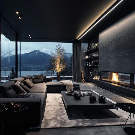 Dark Modern House Interiors Bedroom, Dark Luxury House Interior, House Interior Dark Wood, Matte Black House Exterior, Dark Modern Living Room, Black House Interior, Dark Modern House, Interior Ceiling, Dark Living Rooms