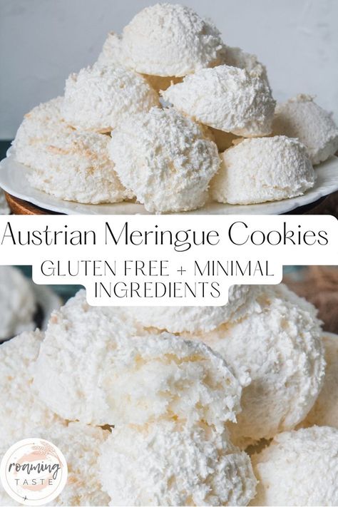 A plate is stacked with meringue coconut cookies that are fluffy on the inside Paleo Meringue Cookies, Coconut Meringue Cookies, Gluten Free Meringue Cookies, Meringue Cookies, Coconut Cookies, Cookie Box, Biscuit Cookies, Few Ingredients, Meringue