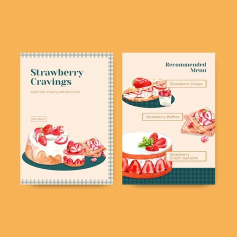 Free vector menu template with strawberr... | Free Vector #Freepik #freevector #strawberry-cake #sweet-cake #cake #bakery-watercolor Dessert Banner, Strawberry Baking, Menu Cake, Watercolor Menu, Menu Illustration, Bistro Food, Dessert Set, Menu Book, Coffee Menu