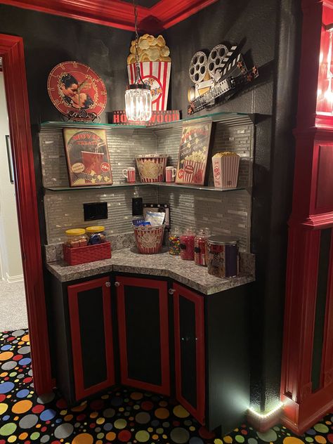 Room Movie Theater Ideas, Candy Bar Ideas For Home Theater, Small Movie Theatre Room Ideas, Small Home Theaters Ideas, Indoor Movie Theater Diy, Movie Theme Basement Ideas, Movie Theater Ideas At Home, Movie Themed Family Room, Snack Station Basement