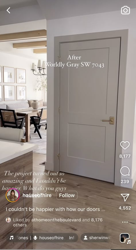 White Walls Grey Doors And Trim, Basement Door Colors, Edgecomb Gray Doors, Interior Paint Door Colors, Anew Gray Trim And Doors, Grey Indoor Doors, Colored Doors And Trim Interior, Interior Hallway Door Colors, White Walls Neutral Trim