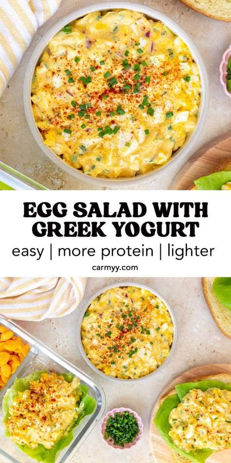 Creamy, tangy, and flavorful, this egg salad with Greek yogurt is going to be your new go-to high-protein, healthy lunch recipe! Perfect in a sandwich or pita bread, over a bed of greens, on its own, or with crackers, this high-protein egg salad is a versatile recipe you can meal prep for an easy lunch throughout the week. Egg Salad Recipe High Protein, Healthier Egg Salad, Ww Egg Salad Recipe, Healthy Egg Sandwich Recipes, Lunch With Eggs Ideas, Healthy Egg Salad With Greek Yogurt, Healthy Greek Yogurt Recipes Dinner, Healthy High Protein Egg Salad, High Protein Salad Ideas