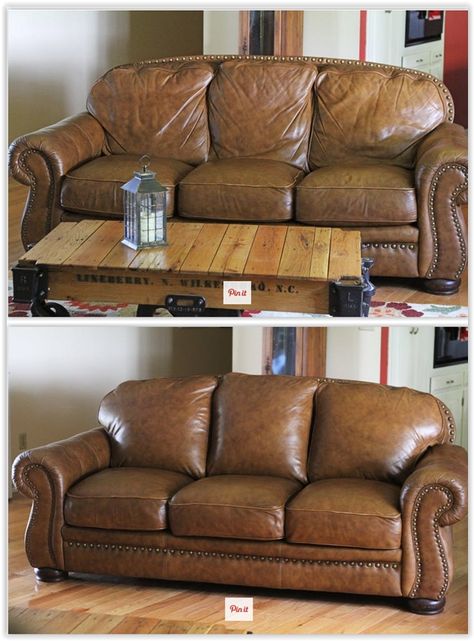 How To Update An Old, Saggy Couch For Around $40 ... using Poly-fil, an easy-to-find, cheap (a 10lb box will run you about $30) blend of polyester that has a high tolerance for wear & tear. For the seat cushions, she simply wrapped quilt batting around the entire seat & stuffed it back into the covers ................... #DIY #couch #sofa #stuffing #cushions #batting #Polyfil #quiltbatting #repair #maintenance Covers For Leather Couches, How To Fix Saggy Couch Cushions, Leather Couch Covers Ideas, Leather Couch Restoration, How To Fix Leather Couch Tear, Leather Repair Couch, Restore Leather Couch, Old Leather Couch, Restoring Leather Couch