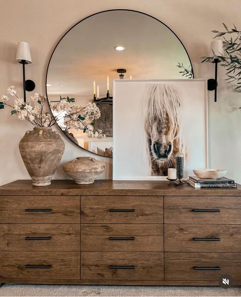 Dresser Decor Under Tv, Living Room With Mirror Ideas, Buffet With Mirror Above, Dining Room Decor Mirror, Dresser And Mirror Ideas, Bedroom Dresser Decor With Mirror, Above Dresser Decor, How To Decorate A Dresser, Playroom Refresh