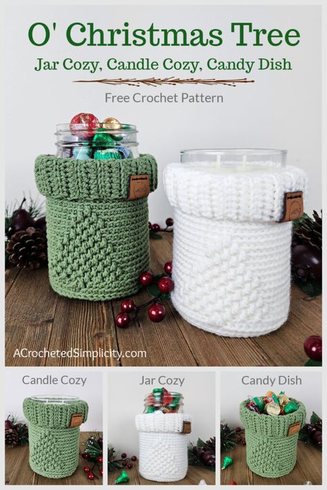 Mason Jar Cozy Crochet, Crochet Mason Jar Covers Free Pattern, Crochet Mason Jar Cozy, Crochet Jar Covers Free Pattern, Christmas Crochet Gifts, Crochet Candle Cozy, Crochet Christmas Cozy, Crochet Mason Jar, Christmas Tree Cozy