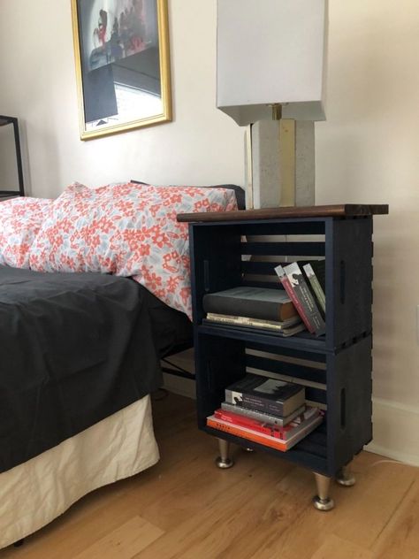 Ever since I made my bench from stair treads and wooden crates, I have been excited to try to make a nightstand, as well.  This is for one of my boys and his favorite color is blue. It really couldn't have been easier. Waiting for the wood glue to dry is the longest part. I am saying this project cost around $50. The crates were $10 a piece and I used a portion of a stair tread. An entire tread is $12.65 for 48 inches. I only used 20 1/4 inches, so I am calling it $6.33. I used a pain… Crate Nightstand Diy, Wooden Crates Nightstand, Nightstand Diy, Crate Nightstand, Crate Table, Crate Diy, Diy Nightstand, Crate Shelves, Crate Furniture