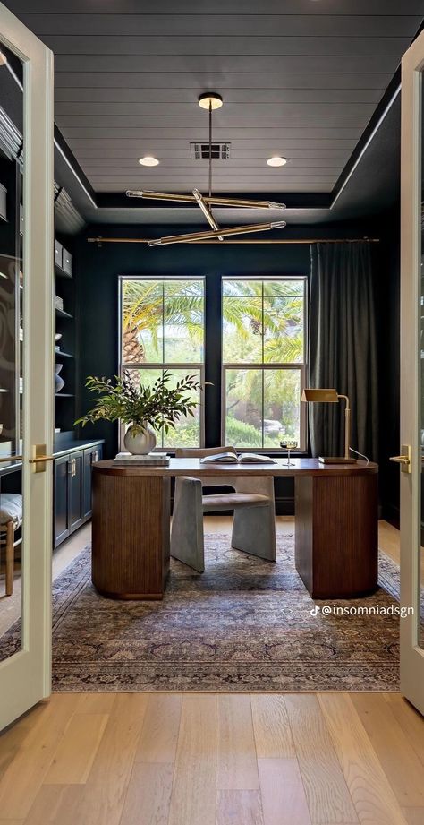 Home Office With Black Ceiling, Home Office Ideas With Windows, Office Bourbon Room, Office With Tall Ceilings, Office With Windows Ideas, Men’s Office Space, Converted Dining Room Ideas Home Office, Husband Home Office, Black Office Design Interiors