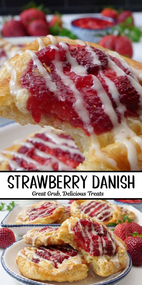 A double photo collage of strawberry danishes drizzled with a glaze. Strawberry Danish Recipe, Strawberry Danish, Cream Cheese Danish Recipe, Homemade Pastry, Danish Recipe, Brown Sugar Recipes, Cream Cheese Danish, Pastry Recipe, Homemade Pastries