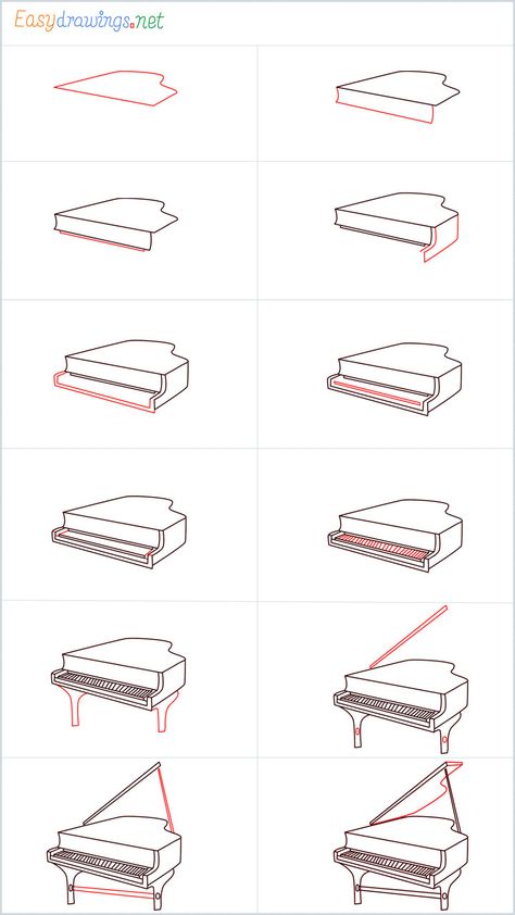 How to draw a Piano step by step - [12 EASY Phase] + [Video] How To Draw Piano Easy, Drawing A Piano, Piano Art Reference, How To Draw A Cello Step By Step, Simple Piano Drawing, Piano Drawing Pencil, Piano Simple Drawing, Piano Reference Drawing, How To Draw A Piano Step By Step