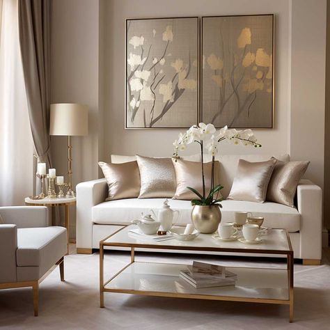 5+ Beige Living Room Decor Hacks for a Luxe Look • 333+ Images • [ArtFacade] Champagne Color Living Room, Beige And Gold Living Room Decor, Neutral Elegant Living Room, Glam Interior Design Living Room, All Beige Living Room, Brown Cream And Gold Living Room, Brown And Gold Bedroom Decor, Gold Beige Living Room, Beige Sofas Ideas Living Room