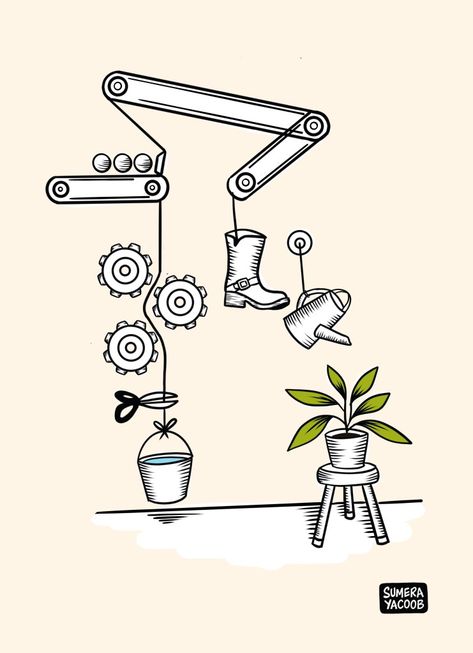 Rube Goldberg machine watering a plant Rube Goldberg Machine Illustration, Rube Goldberg Machine Ideas, Goldberg Machine, Mechanical Drawing, Rube Goldberg, Rube Goldberg Machine, Breakfast Machine, Inheritance Games, Line Work