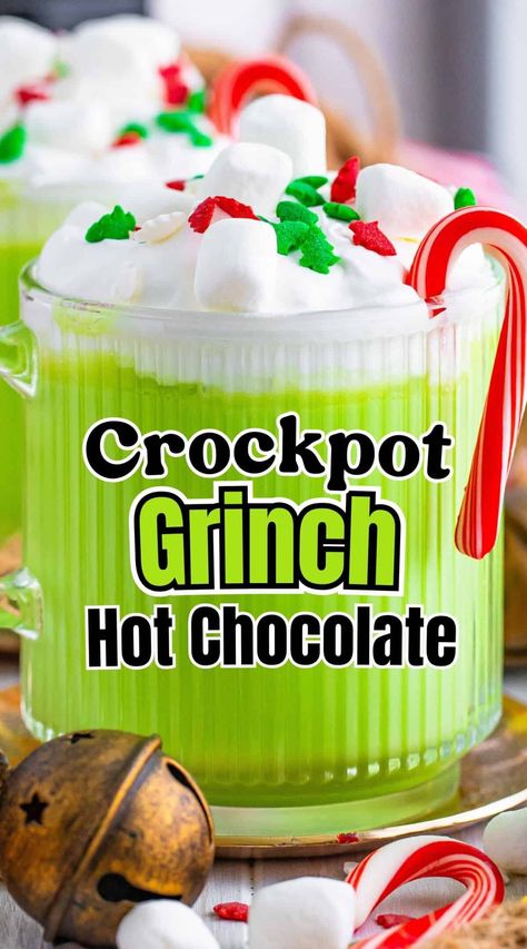 Merry Grinchmas! This green Grinch hot chocolate recipe is the perfect drink to make for a family movie night during the holiday season. It's rich, sweet, creamy, and delicious and pairs beautifully with any Christmas cookie. Grinch Non Alcoholic Drinks, The Grinch Hot Chocolate, Grinch Cups Diy, Elf Movie Themed Drinks, Snacks To Go With Hot Chocolate, Grinch Hot Chocolate Crock Pot, Grinchmas Movie Night, Grinch Date Night, Crockpot Grinch Hot Chocolate