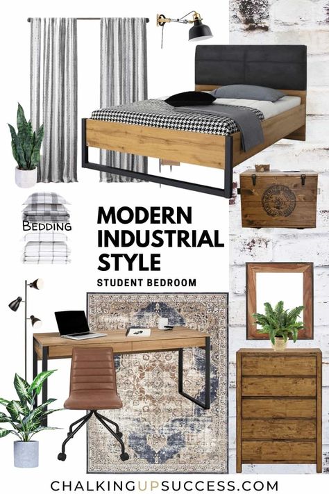 Industrial Modern Decor Bedroom, Modern Industrial Bedroom Master Suite, Industrial Bedroom Moodboard, Soft Industrial Decor Bedroom, Moody Industrial Bedroom, Boys Industrial Bedroom Ideas, Engineer Bedroom, Industrial Kids Bedroom, Teenage Boys Bedroom Ideas Modern