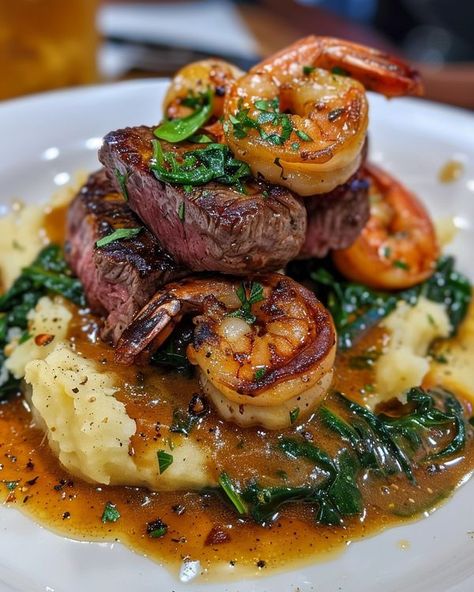 Recipes Cookery | Seared steak & creamy Cajun shrimp with sautéed spinach & mashed Yukon potatoes 🥩🍤🥔🌿 | Facebook Steak Shrimp Mashed Potatoes, Essen, Creamy Cajun Shrimp, Easy Protein Meals, Yukon Potatoes, Steak And Shrimp, Meat Diet, Gourmet Dinner, Seared Steak