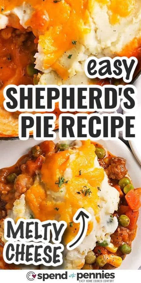 Ready in an hour, this Shepherd's Pie recipe is the perfect dish to serve for St. Patricks Day! We love this super tasty and comforting dish, loaded with ground meat and veggies in a savory sauce, a mashed potato topping, and finally topped with cheese and baked! Save time and prep this easy dish ahead of time so it’s ready to pop in the oven as soon as you’re home! #shepherdspie #groundlamb #groundbeef #spendwithpennies Crustless Shepherd's Pie, Shepards Pie With Cheese, Shepherds Pie Recipe With Cheese, Shepherds Pie Recipe With Tomato Soup, East Shepherd Pie, Sheppards Pie Easy, How To Serve Mashed Potatoes, Shepherds Pie Recipe Tomato Soup, Lazy Shepherds Pie Recipe