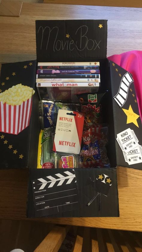 Movie Night Box, Movie Basket, Movie Basket Gift, Movie Night Gift Basket, Movie Night Gift, Thanksgiving 2020, Movies Box, Diy Anniversary, Diy Gifts For Friends