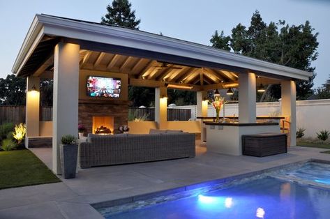 a Pavilion with Outdoor Kitchen - Farmhouse - Patio - San Francisco - by B. Gordon Builders, Inc. | Houzz Pool And Outdoor Kitchen Ideas, Tabletop Patio Heater, Covered Outdoor Kitchens, W Series, Pool Pavilion, Farmhouse Patio, Outdoor Patio Designs, Outdoor Pavilion, Backyard Pavilion